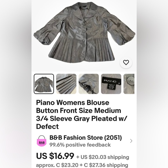 Vintage “Piano” metallic silver button down, 3/4 length sleeves, fitted, pleats - Picture 14 of 14
